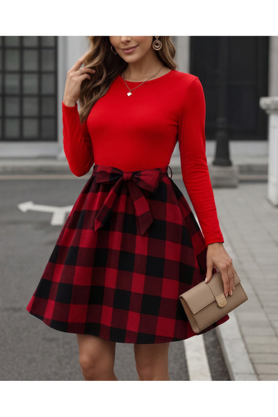 MODA ŞEHRİ Women's long sleeve crewneck top viscose bottom plaid short dress