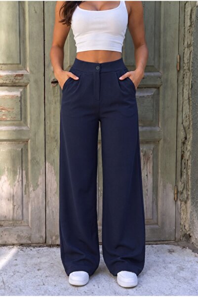 alanora Navy Blue High Waist Loose Cut Fabric Trousers with Pockets