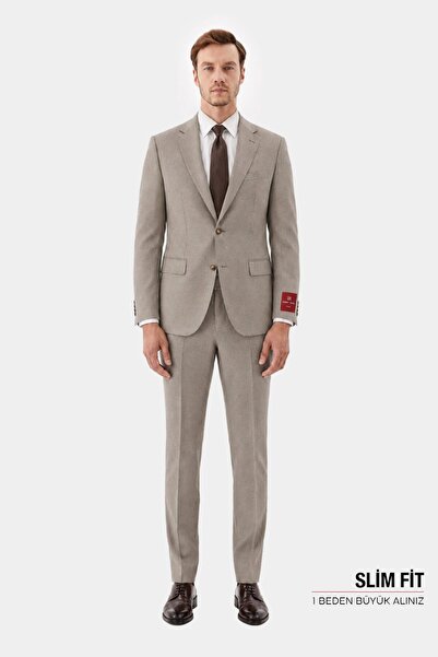 Sabri Özel Bej Slim Fit Normal Bel 6 Drop Mono Yaka Takım Elbise