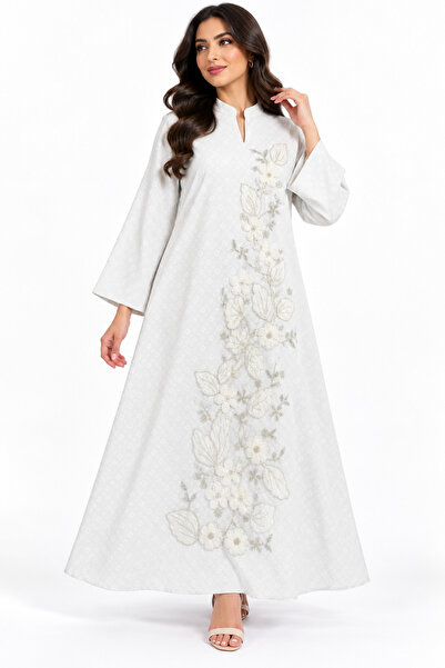 White colour Luxurious Women's Jalabiya with 3D Floral Embroidery - Elegant a...