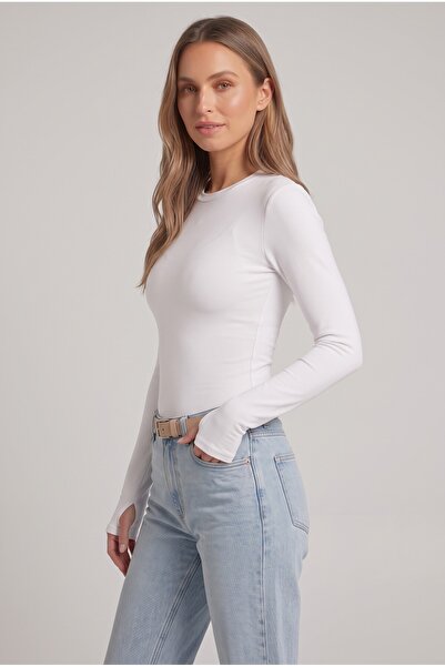Store Kadın Bisiklet Yaka Uzun Kollu Parmak Delikli Fit Body Beyaz