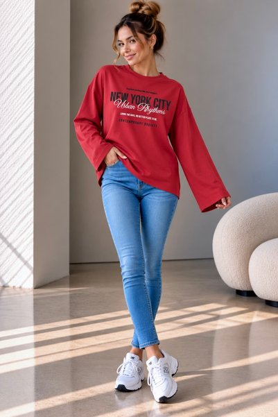 bb butik basic Women's Printed Loose Sleeve Oversize Slim Sweatshirt Trend Model Mu3535
