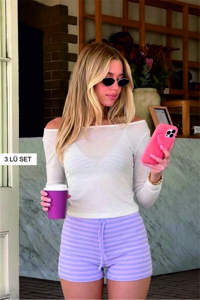LULUS FRİENDS مجموعة بيجامة من ثلاثة قطع تتألف من تي شيرت بأكمام طويلة، وحمال...