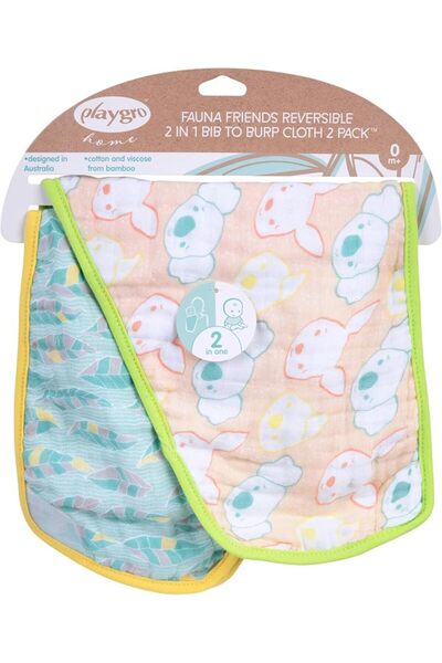 Playgro Home - Fauna Friends Reversible 2 in 1 Bib to Burp Cloth 2 Pack - 698...