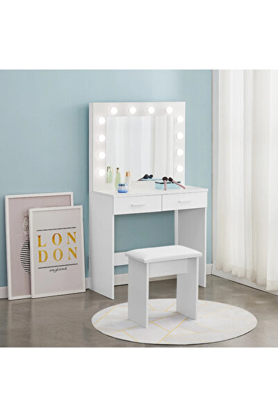 Mobatelier Set LUNA – Masă de Toaletă pentru Machiaj, Oglindă Iluminată, Becu...
