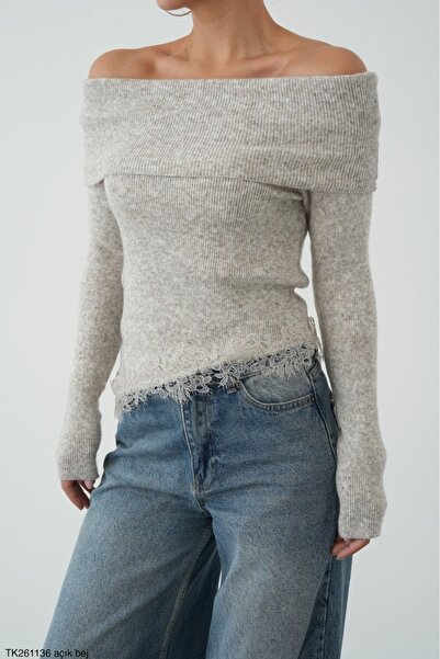 Lupies Women's Madonna Collar Lace Detailed Knitwear Sweater