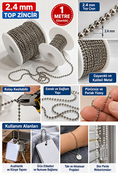 2.4 mm Top Zincir (1 Metre) - Metal Bilyalı Toplu Zincir (Anahtarlık, Etiket ve Aksesuar Zinciri)