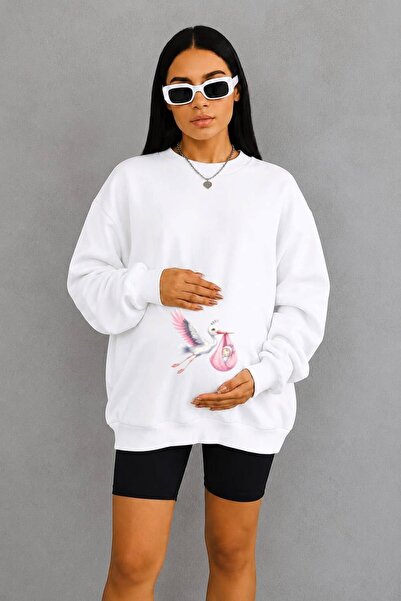 HELLO ROMA 3 Yarn Combed Cotton Baby-Praying Stork Printed Maternity Sweatshi...