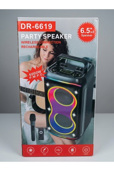 DR-6619 Tasınabilir 2x6.5 inç LED Işıklı Karaoke Parti Hoparlörü, Ses Sistemi, Ses Bombası