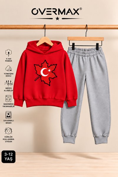 OVERMAX Turkish Flag Printed Hooded Sweatshirt Tracksuit Set - Ages 3-12