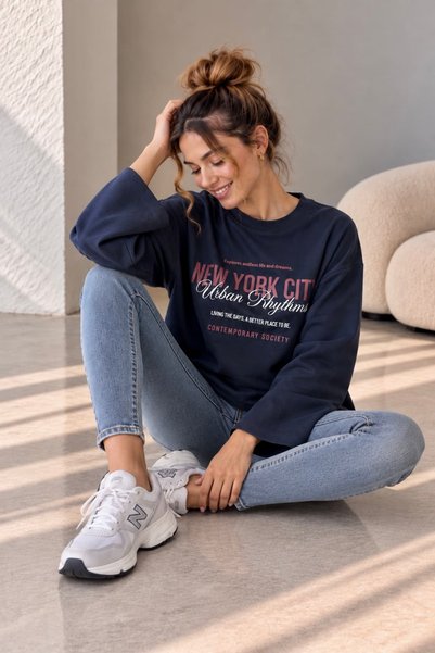 bb butik basic Women's Printed Loose Sleeve Oversize Slim Sweatshirt Trend Model Mu3535
