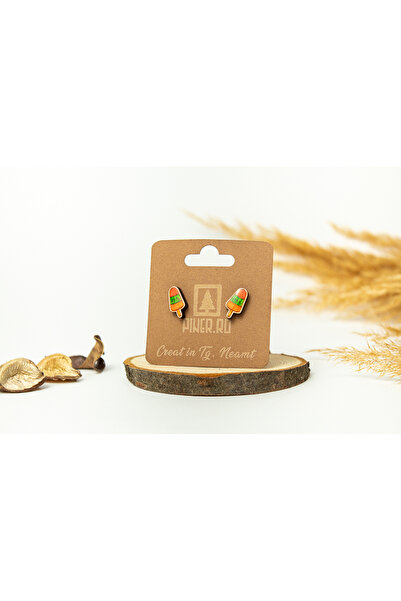 Piner Cercei handmade din lemn, model inghetata, nuante naturale