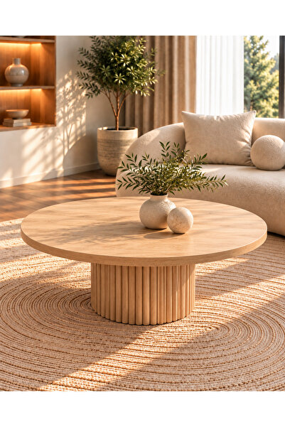 indes home Mona Yuvarlak 70cm çapında Natural Renk Ahşap Orta Sehpa