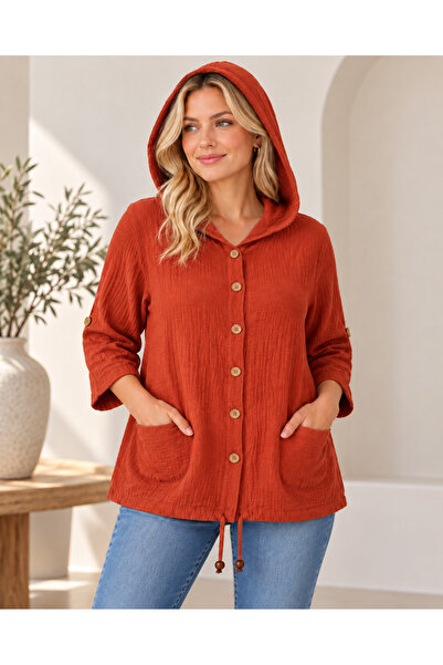 MARWARİ OTANTİK BUTİK Women's Hooded Buttoned Double Pocket Muslin Jacket, Si...