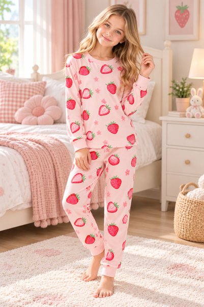 zahider Kız çocuk %100 Pamuklu elmas kids çilek desenli uzun kollu pijama takımı