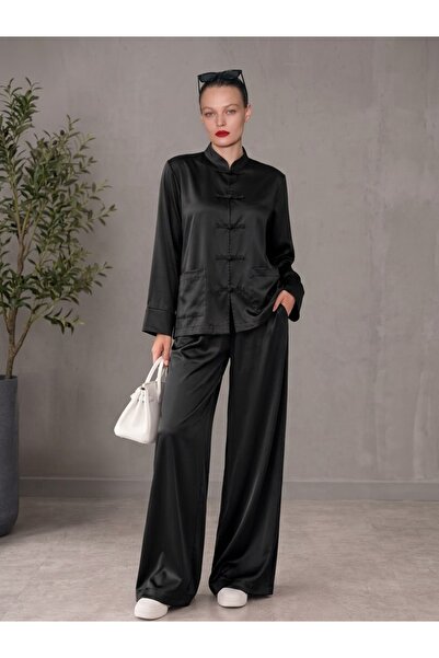 Lovely butik Costum din două piese pentru femei, cu guler chinezesc din satin...