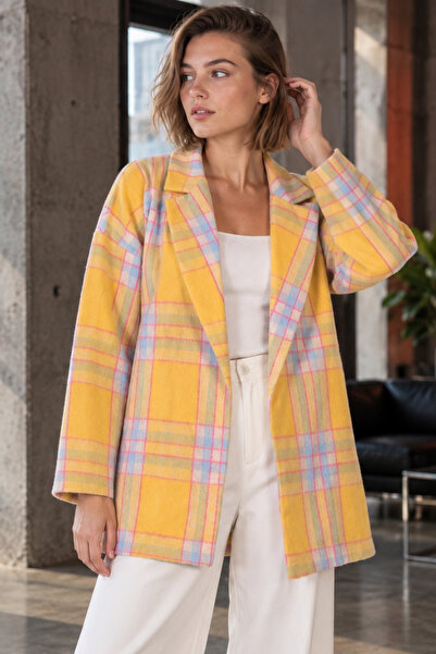 armonika Women's Yellow-Fuchsia Oversize Jacket with Slits on the Collar Side...