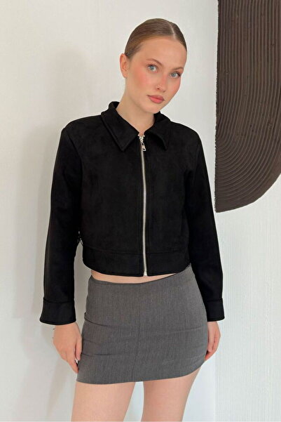 Cistern İstanbul Women's Zippered Suede Jacket with Fringes on the Back