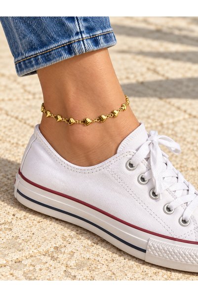 SEZİNİN TAKI DÜKKANI Women's Anklet - Women's Gold Color Heart Motif Elegant Chain Anklet