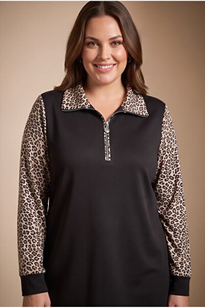 RMG Leopard Patterned Zipper Collar Oversized Sweatshirt Black