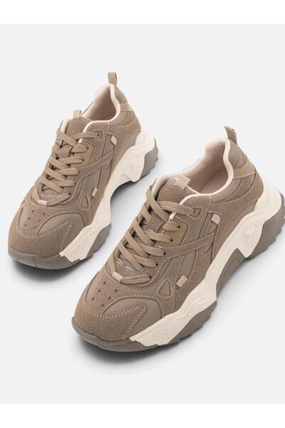 ruganoconcept Kaos Kadın Sneaker Kalın Tabanlı Bağcıklı Vizon Süet Kadın Spor...
