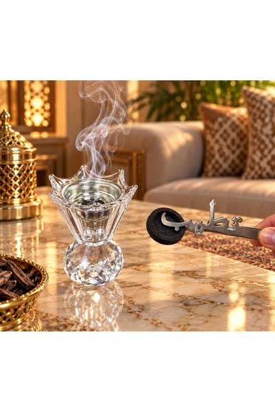Generic مبخرة كريستال فاخرة شفافة بتصميم التاج للبخور بالفحم مع ملقط