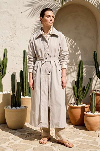 Levidor Belt Detailed Thin Coat 530086 Stone
