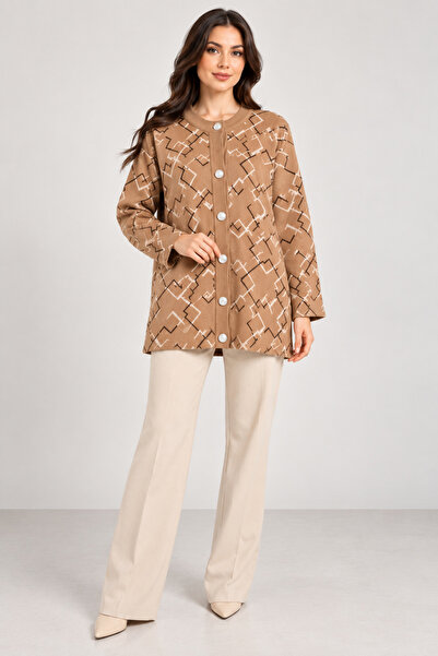 CNR TEKSTİL Women's Geometric Patterned Buttoned Long Knitwear Jacket