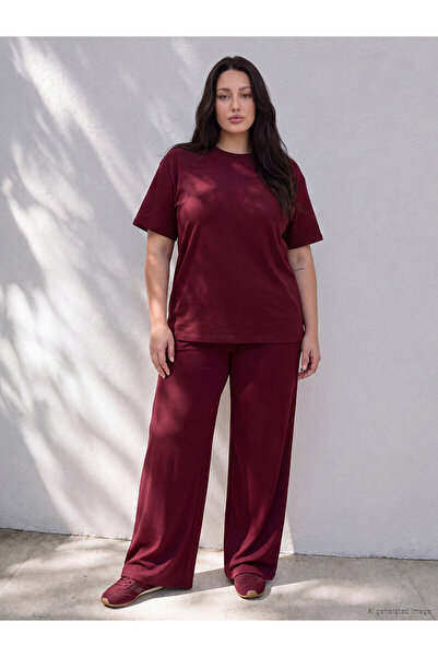 LC Waikiki Two Mt Shop Quality Lcw Curve Burgundy Interlock Plain Loose & Bag...