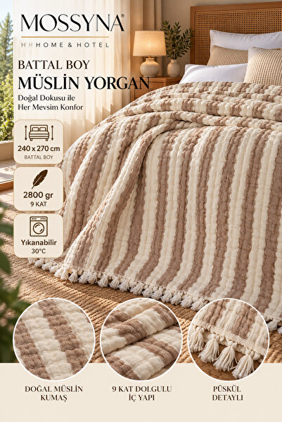 Mossyna 9 Kat Müslin Yorgan Battal Boy 240x270 cm – 2800 gr Dolgun, Yumuşak, ...