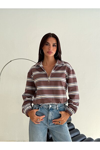 Çizgili Fermuar Yaka Sweatshirt - Kahverengi