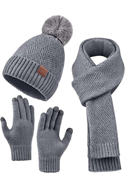 Yelajoy 3 PCS Beanie Hat Scarf Gloves Set, Grey Winter Touchscreen Hand Wear ...