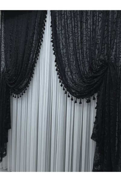 Art Perde Black Tasseled Drawstring 2-Wing Background Curtain with Ivy Pattern and Tight Pleats