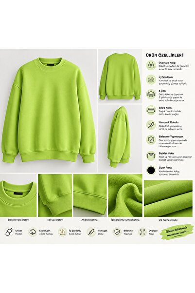 3iplik Şardonlu Extra Kalın Yumuşacık İçi Polarlı Tüylenme Bitlenme Yapmaz Oversize Geniş Kesim Bisiklet Yaka Sweatshirt Baskısız Düz Renk Sade Ünisex Model Hem Kadın Hem Erkek Kullanabilir