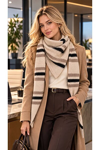 MARBERRY Beige Knitwear Striped Triangle Shawl 140X14 cm