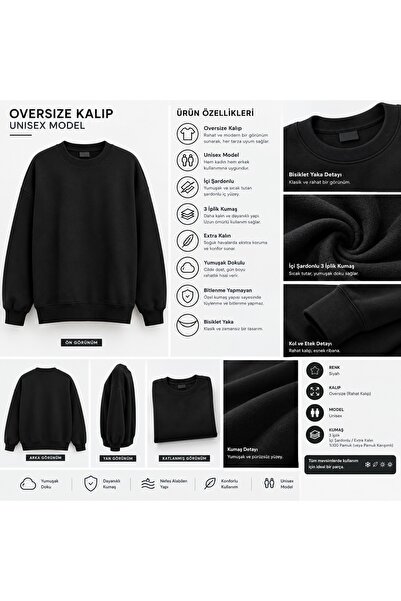 3iplik Şardonlu Extra Kalın Yumuşacık İçi Polarlı Tüylenme Bitlenme Yapmaz Oversize Geniş Kesim Bisiklet Yaka Sweatshirt Baskısız Düz Renk Sade Ünisex Model Hem Kadın Hem Erkek Kullanabilir