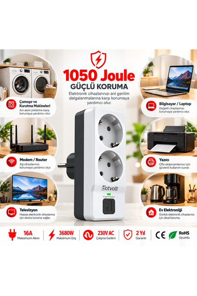 farfan 1050 Joule 2-Outlet Current Protected Wall Type Socket with Led Indicator Surge Protector for Tv Modem Washing and Drying Machines