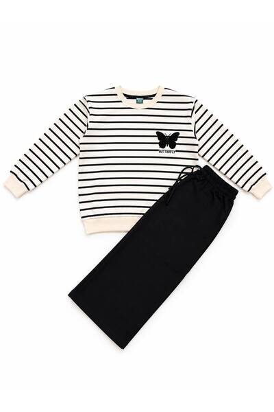 Fil Kids Girl's Cotton Beige Color Black Striped Butterfly Embroidery Patterned Long Sleeve Wide Leg Tracksuit Set