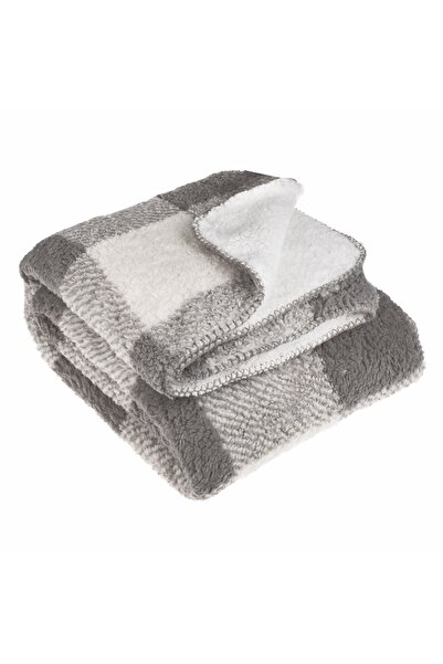 OEM Pătură tip pled Sherpa cu două fețe 220x200cm Bej în carouri și Ecru