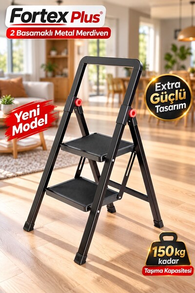 ERTEKPA Fortex Plus Siyah Metal 2 Basamaklı Katlanır Merdiven | Kaydırmaz Aya...