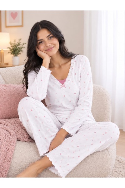 Genel Markalar Kadın Berlin model uzun kollu penye pijama takımı puantiyeli d...