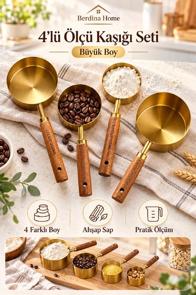 Berdina Home 4’lü Büyük Boy Ahşap Saplı Ölçü Kaşığı Seti Kahve Un Şeker ve Ba...