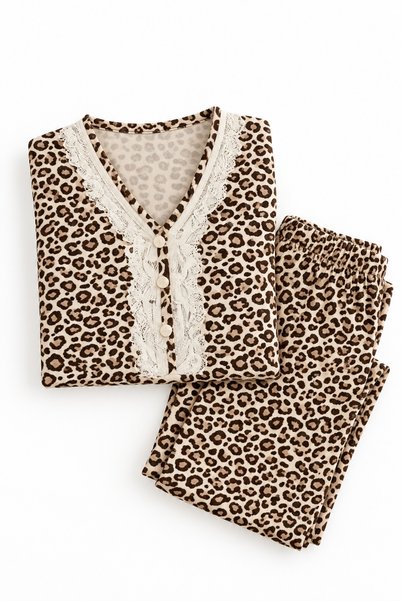 nixci intimates Leopard Print Women's Pajama Set Long Sleeve Lace Buttoned 2-Piece Home Wear