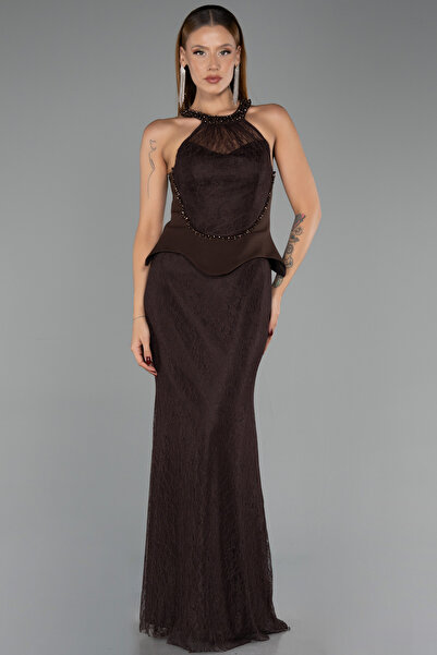 Abiyefon Kahve Halter Yaka Peplum Uzun Dantel Abiye Elbise ABU6425
