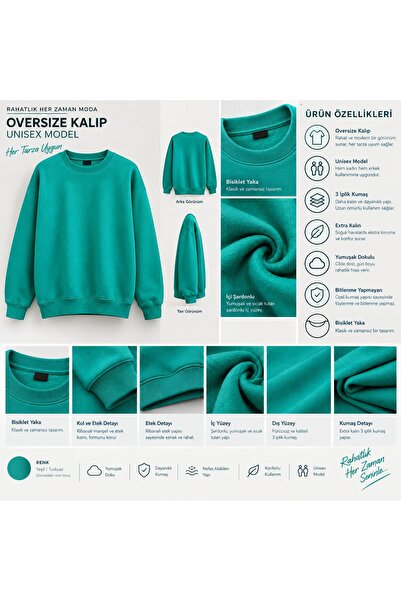 3iplik Şardonlu Extra Kalın Yumuşacık İçi Polarlı Tüylenme Bitlenme Yapmaz Oversize Geniş Kesim Bisiklet Yaka Sweatshirt Baskısız Düz Renk Sade Ünisex Model Hem Kadın Hem Erkek Kullanabilir