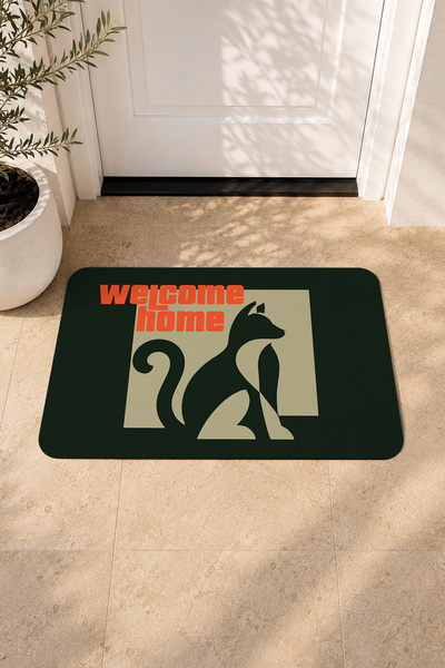 Kedi Figürlü Welcome Home Dekoratif Kapı Önü Paspası