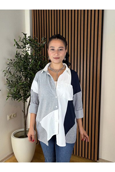 SERENCE BOUTİQUE Orj Model Kolları Taşlı Premium Kalite Tasarım Gömlek-Lacivert