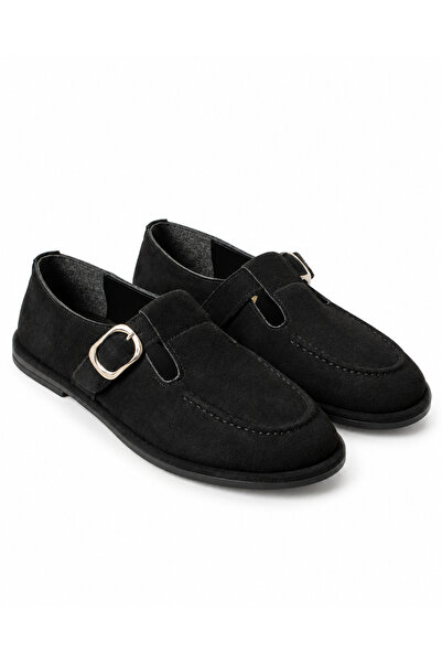 KOTAN Kadın Süet Tokalı Babet Siyah Önü Kapalı Günlük Ayakkabı Rahat Konforlu