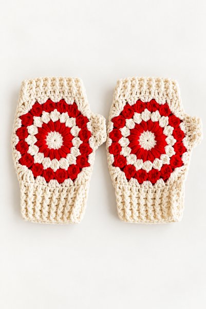 Awesomecrochet Hand Knitted Cream Red Floral Pattern Fingerless Gloves Hand Warmer Winter Knitted Gloves