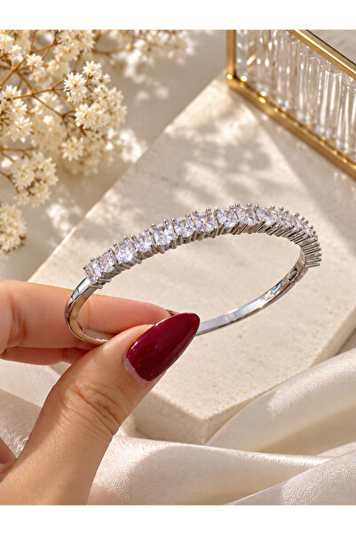 Lilith Takı Silver Color Stone Cuff Bracelet – Sparkling Elegant Stylish Wome...